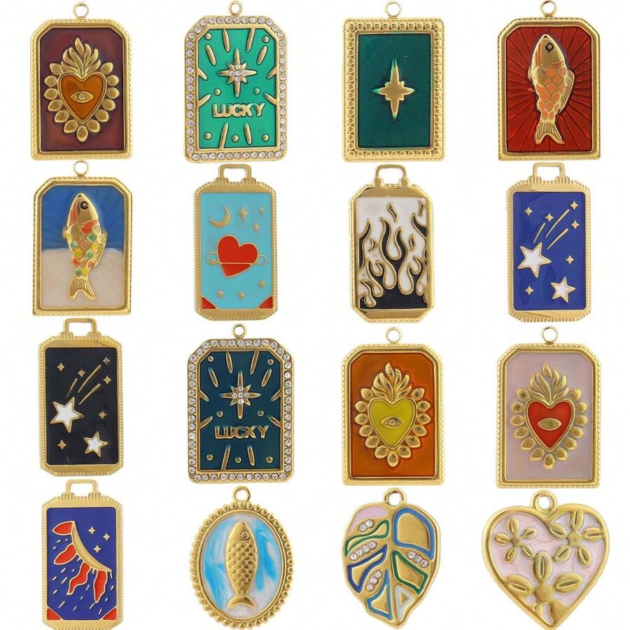 1pc Stainless Steel Unique Design Fish, Flame, Pentagram, Leaf, Starfish, Tarot Card Pendant, Handmade DIY Jewelry Accessory