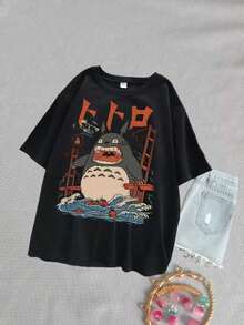 2025 Moda-Serie de Anime Hayao Miyazaki Totoros Camiseta Casual de Hombre y Mujer con Cuello Redondo y Mangas Cortas Estilo Harajuku Negra - Negro - Ver 1