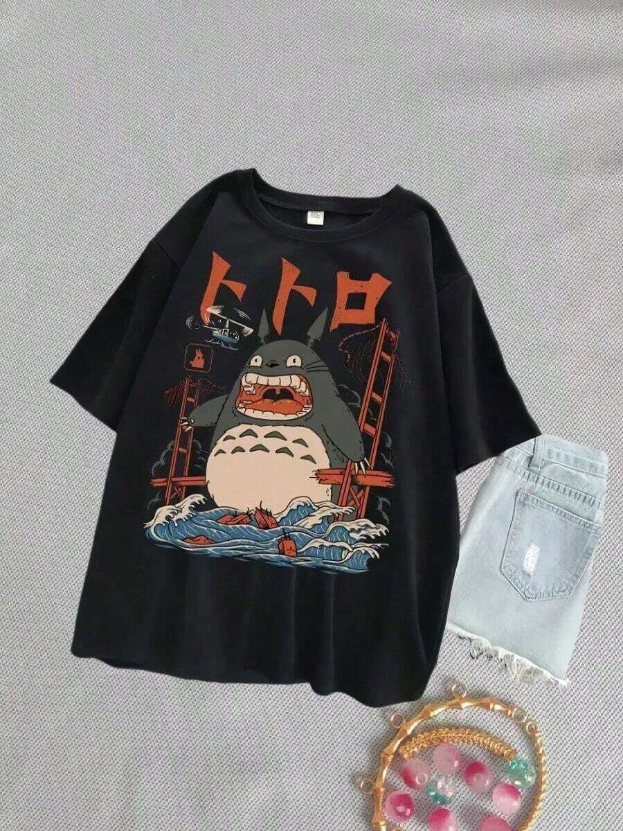 2025 Moda-Serie de Anime Hayao Miyazaki Totoros Camiseta Casual de Hombre y Mujer con Cuello Redondo y Mangas Cortas Estilo Harajuku Negra - Negro - Ver 1
