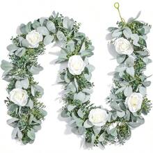 CZ Miracliy 6 Ft Eucalyptus Garland With Flowers Lambs Ear Greenery White Roses Flower Garland Fake Vines For Wedding Boho Table Mantle Backdrop Party Farmhouse Home Decor 8434 - 白玫瑰植絨 - 查看 1