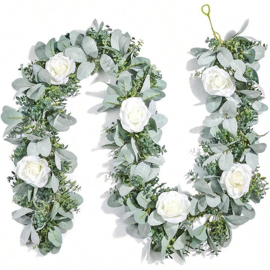 CZ Miracliy 6 Ft Eucalyptus Garland With Flowers Lambs Ear Greenery White Roses Flower Garland Fake Vines For Wedding Boho Table Mantle Backdrop Party Farmhouse Home Decor 8434 - 白玫瑰植絨 - 查看 1