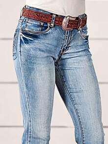 Ladies' High Waisted Elastic Denim Pants Slim Fit And Slimming, Casual Embroidery Embroidered Feet With Slit Design, Versatile Jeans - Light Wash - View 4