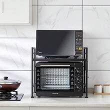 Microwave Holder With Hooks, Microwave Shelf, Two-Tier Design, Made Of Reinforced Carbon Steel, Non-Slip, Anti-Tip, Extendable, Height-Adjustable, White/Black - 黑色 - 查看 4