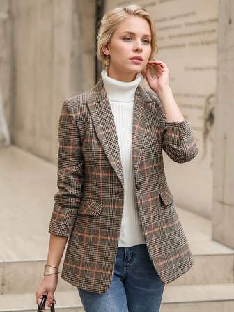 2025 Autumn/Winter New Korean Version Plaid Woolen Suit Jacket, Casual Elegant British Style Blazer For Women