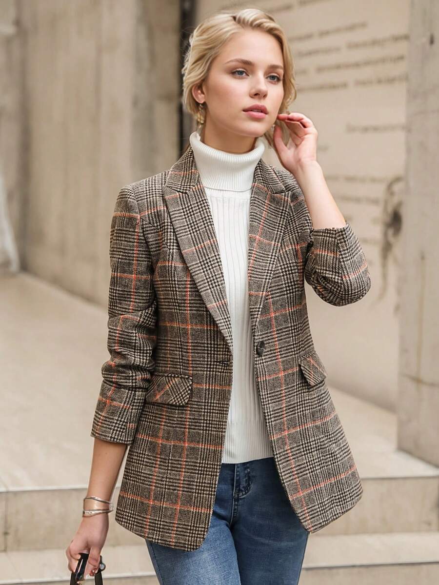 2025秋冬新款韩版格子羊毛西装外套女休闲优雅英伦风西装外套 - 棕色 - 查看 1