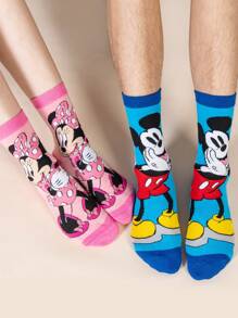 Disney 两双米奇米妮卡通中筒袜，吸湿透气，时尚万圣节风格 - 完美礼物，适合派对、日常穿着、休闲活动、情侣袜 - 彩色 - 查看 1