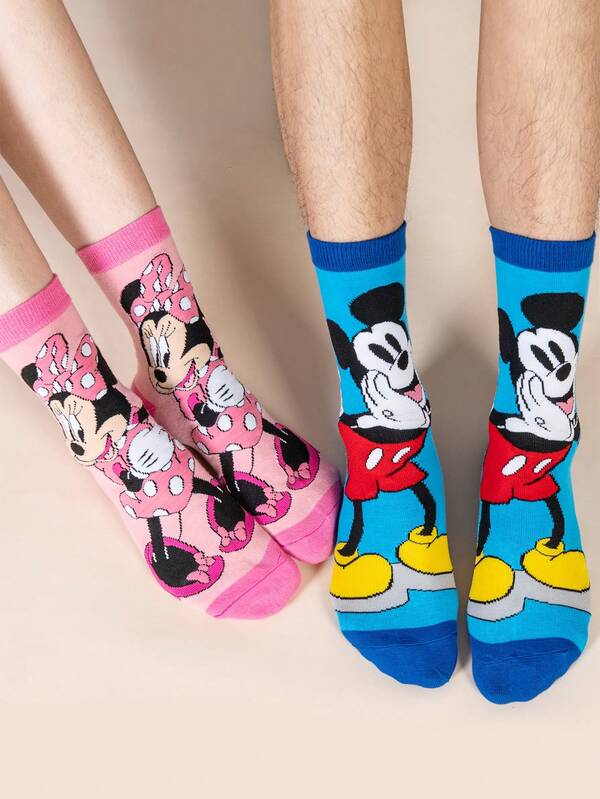 Disney 两双米奇米妮卡通中筒袜，吸湿透气，时尚万圣节风格 - 完美礼物，适合派对、日常穿着、休闲活动、情侣袜