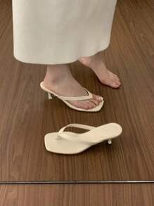 Soft Leather High Heel Flip Flops Thong Sandals Square Toe Low Block Heel Beach Minimalist Slippers For Women, Simple & Versatile, Suitable With Dresses, French Elegant Style - White - View 4