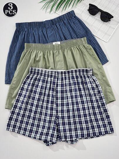 3 件男士平角内裤，简约时尚格子男士 Aroku