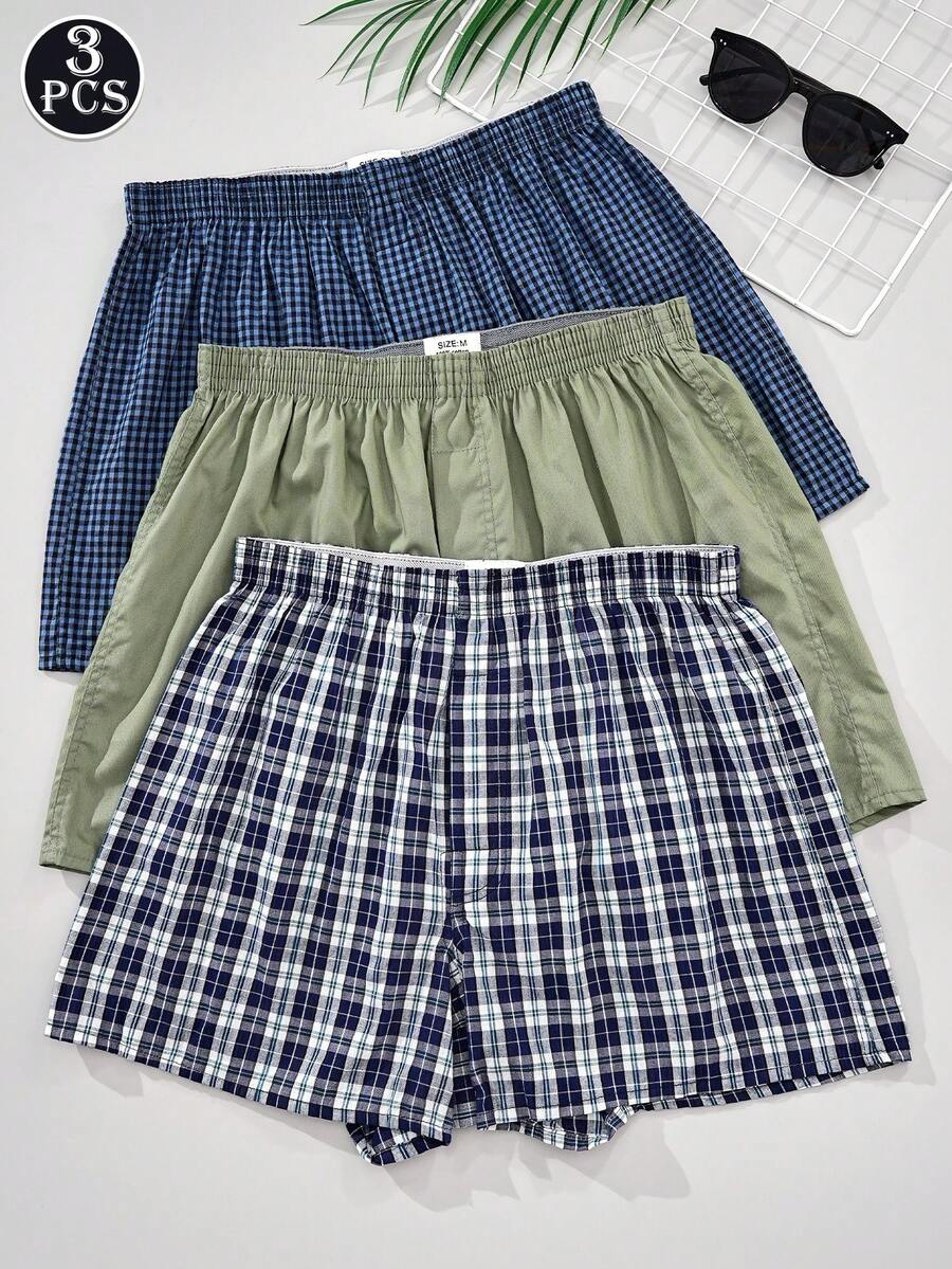 3 件男士平角内裤，简约时尚格子男士 Aroku - 彩色 - 查看 1