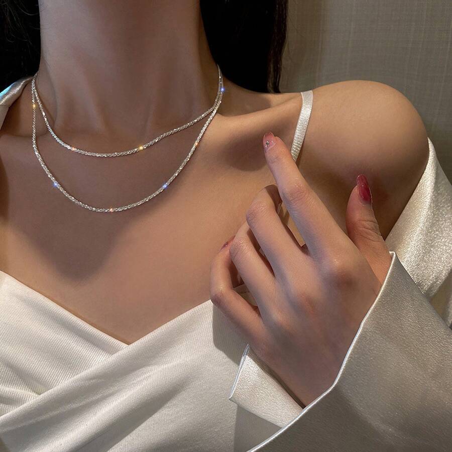 Starry Sparkling Necklace For Women Italian Clavicle Chain Neck Chain Simple Flash Choker Stackable Design - Dây chuyền bạc lấp lánh (40+5cm) - Xem 1
