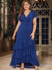 Women Plus Size Formal Ruffle Hem Flowy Bridesmaid Dress - Navy Blue - View 1