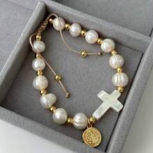 1pc Fashionable Jesus Mary Charms Religious Fresh Water Pearl Bracelet Cross Shaped Bead Charm Bracelet