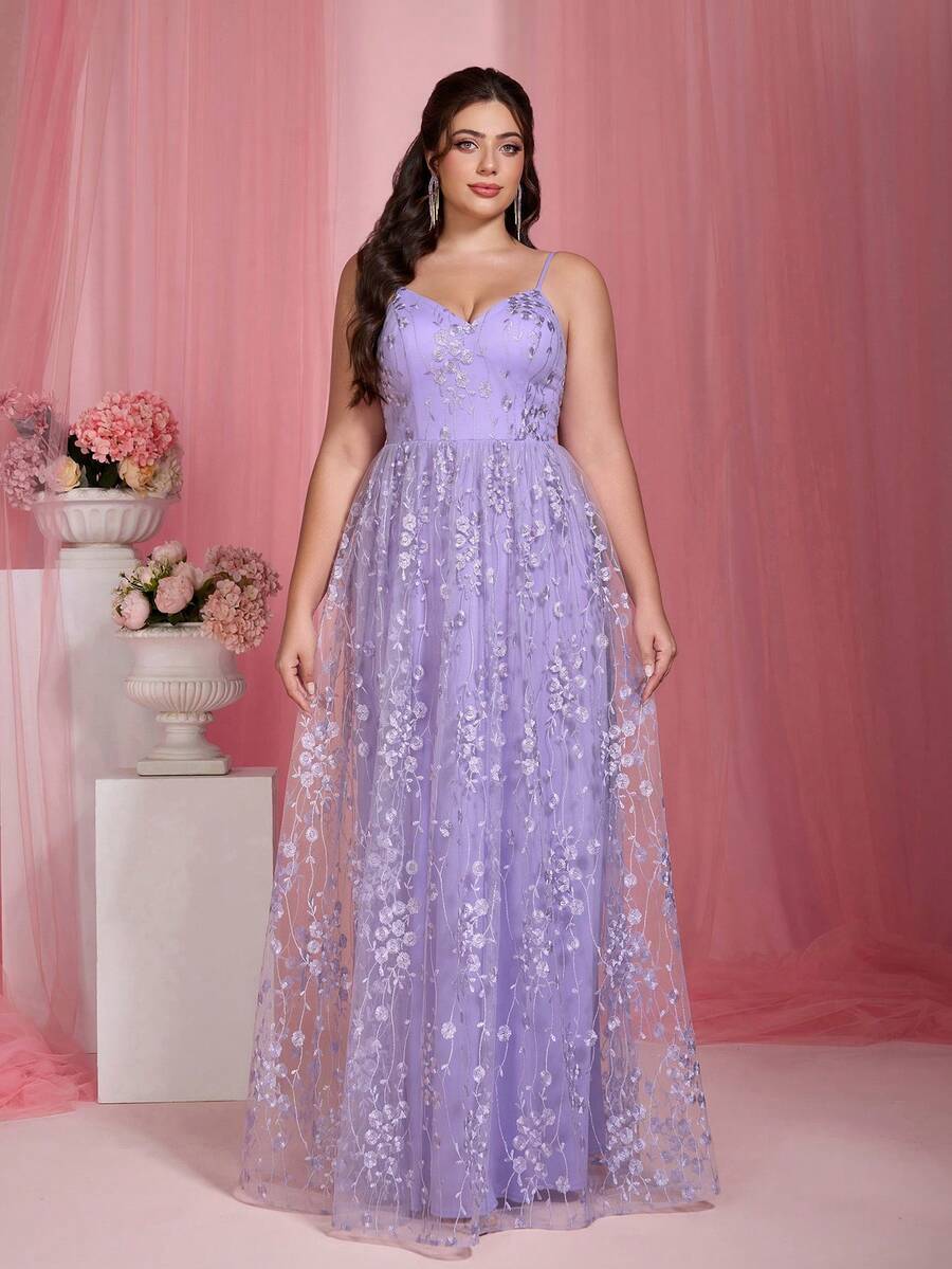Mgiacy,New Arrival,V Neck,Tank,Elegant,Plus-Size Wedding Dress,Sequin,Long Dress,FOR,Prom Wedding, Church,Party Dress,Wedding Guest Dress, Evening Dress - 淡紫色 - 查看 1