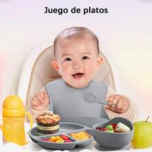 11 pcs Platos Para Bebés De Silicona Con Tazón Cuchara Tenedor Babe Silicona de calidad alimentaria - Gris - Ver 3