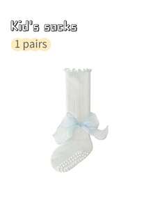1 Pair Girls' Bow Decor Princess Mid-Calf Socks, Non-Slip Indoor Floor Socks, Toddler Socks, Spring/Autumn