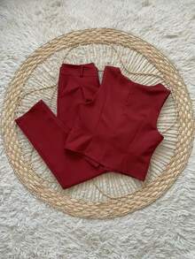 Stylish Premium Tailored Vest And Pants Set Simple Elegant Pocket Buttons On The Front Office Beach - Burdeos - Ver 10