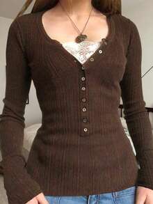 Women Y2k Lace Patchwork Knit Shirt Top Fairy Grunge Long Sleeve V Neck Button Front Slim Fit Ribbed Knitted Tee Shirts Tops Spring Fall Vintage Aesthetic Going Out Tee Top Casual Tunic Top Blouse Streetwear - 棕色 - 查看 1