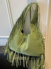 女士单肩托特包，复古休闲大容量腋下软皮流苏单肩包，