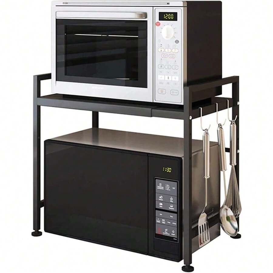 Microwave Holder With Hooks, Microwave Shelf, Two-Tier Design, Made Of Reinforced Carbon Steel, Non-Slip, Anti-Tip, Extendable, Height-Adjustable, White/Black - 黑色 - 查看 1