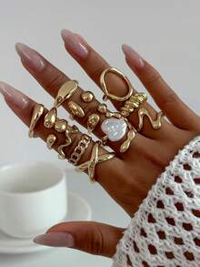 12pcs/Set Punk Style Rings Set, Vintage Geometric Rings Set For Women, Fashion Personalized Jewelry Gift, Suitable For Daily Outfit And Party Accessories - Gold - View 3