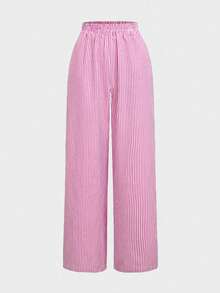 2pcs/Set Women Striped Pants And Striped Front Tie Ruffle Hem Crop Top, Pink - Pink - View 9