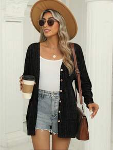 女士休闲纯色双口袋针织开衫毛衣外套，秋冬 - 黑色 - 查看 6