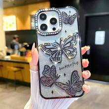 Korean Ins Style Electroplated Silicone Phone Case Compatible With IPhone 16 Pro Max, 3D Rhinestone Butterfly Design, Soft Full Coverage Case Compatible With IPhone 14 Pro, 13, 12, Unique Design Compatible With Samsung S25 - Pink - View 7