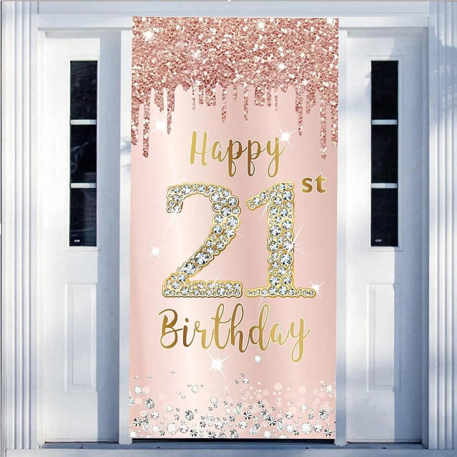 1件生日橫幅裝飾,適合16、18、21、30、40、50、60和80歲女性,粉色玫瑰金「Happy Birthday」背景,可作為大型生日海報或標誌裝飾,生日慶祝派對用品 - 彩色 - 查看 1