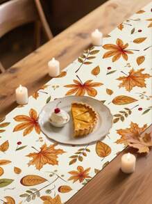 1 pezzo Tappeto da tavolo a foglia d'acero autunnale - Disegno autunnale vibrante arancione, marrone e beige con bacche e ghiande, decorazione rettangolare in poliestere per fattoria e raduni familiari, decorazione per la tavola del Ringraziamento