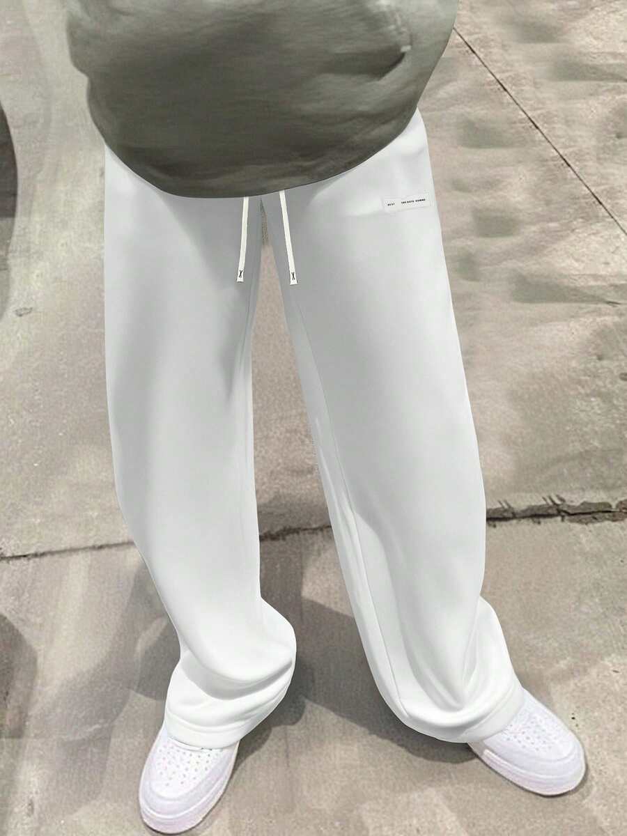Men's Knitted Straight Leg Pants, Letter Print High Street Casual Loose Fit Sweatpants, Lightweight For Spring, Autumn & Summer - 白色 - 查看 1