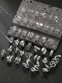 5/10/15/20/40/60pcs Set Stainless Steel Open Ring Assorted Styles Random Box, Including Snake Ring, Geometric Pattern Ring, Star Ring, Cross Ring, Essential For New Year, Valentine's Day Gift, Everyday Wear - Silver - View 9