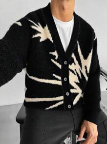 1pc Men's Niche Design Black & White Lightning Jacquard Knit Cardigan, Loose Fit Gothic V-Neck Sweater Jacket For Commute & Casual Wear, Autumn/Winter