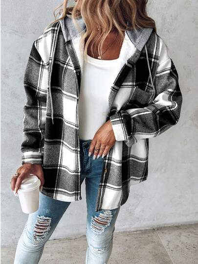 ChicMe Women Fleece Lined Plaid Hoodie Coat Button Drawstring Long Sleeve Jacket Casual Stylish Loose Warm Streetwear Daily Outdoor Office Travel