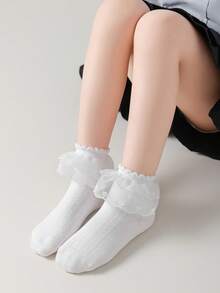 1/3 Pairs Girls White Lace Trim, Cute Ruffle Cuff Breathable Knit Crew Socks, Ins Style Princess Sailor Socks For Spring/Autumn, Suitable For Home, School, Dance, Party, Holiday Gift - Multicolor - View 5