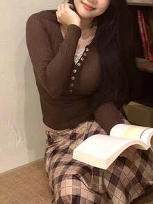 Women Y2k Lace Patchwork Knit Shirt Top Fairy Grunge Long Sleeve V Neck Button Front Slim Fit Ribbed Knitted Tee Shirts Tops Spring Fall Vintage Aesthetic Going Out Tee Top Casual Tunic Top Blouse Streetwear - 棕色 - 查看 4