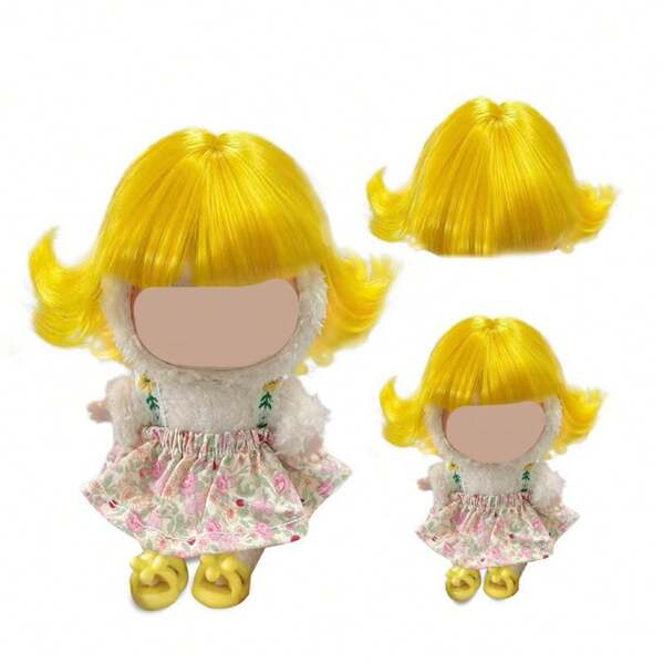 17cm Labubu Yellow Wig, Christmas New Labobo Golden Yellow Curly Short Hair LBB Pendant Doll With Bangs Wig For Labubu Headpiece, Curly Wig For Labubu