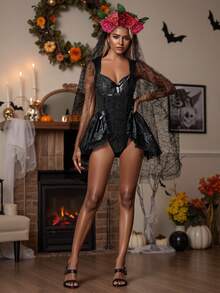 Day Of The Dead Costume For Women Vintage Sleeveless Corset Bodysuit And Veil Flower Headband Set - 黑色 - 查看 5