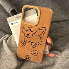 Dibujo simple de dibujos animados Patrón de cachorro Diseño artístico Teléfono de gamuza de cuero sintético de lujo mate, a prueba de golpes y resistente al desgaste, apto para color beige claro, unisex, compatible con 16/16 Pro/16 Plus/16 PMAX/15/15 Plus/15 Pro/15 Pro/14/14 Plus/ - Marrón - Ver 5