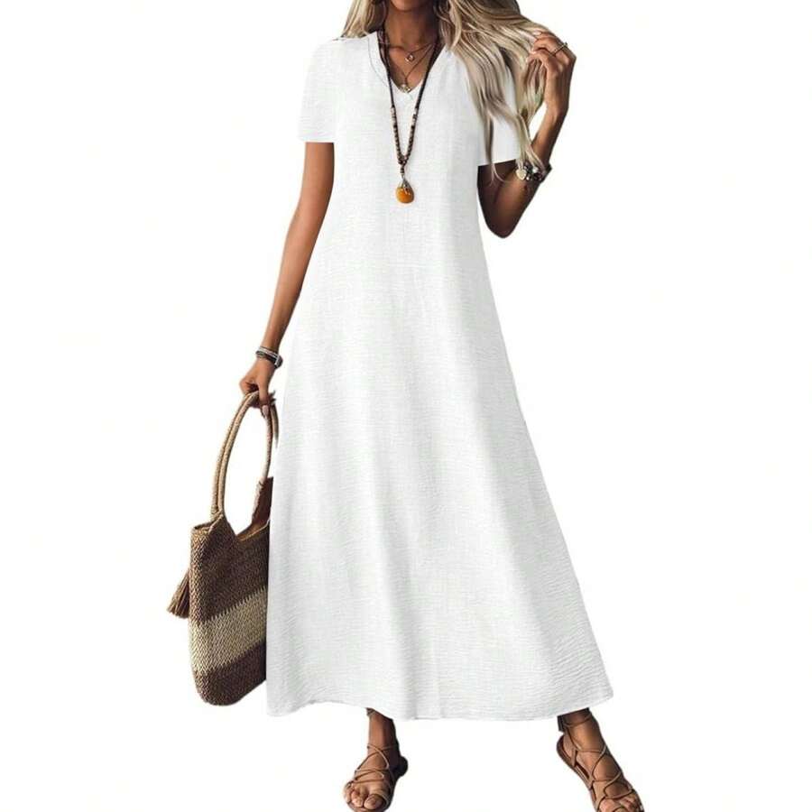 Linen Dress Women Short Sleeve V Neck Boho Maxi Dress Casual Summer Long Flowy Beach Vacation Dresses Tunic Modest,Vestidos - 多色432 - 查看 1