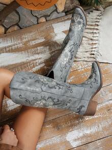 Women Western Boots With Stiching   Western    Buckle  Embroidery    Holiday - Xám - Xem 3