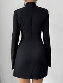 Einfarbiges, lässiges, elegantes Kleid aus gewebtem Stoff mit Fake-Taschen und Reißverschluss, geeignet für Büro, Abenddate, Herbst/Winter - Schwarz - Übersicht 2