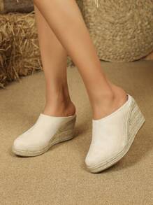 时尚女士头巾式包头拖鞋，透气绒面革，黄麻绳厚底