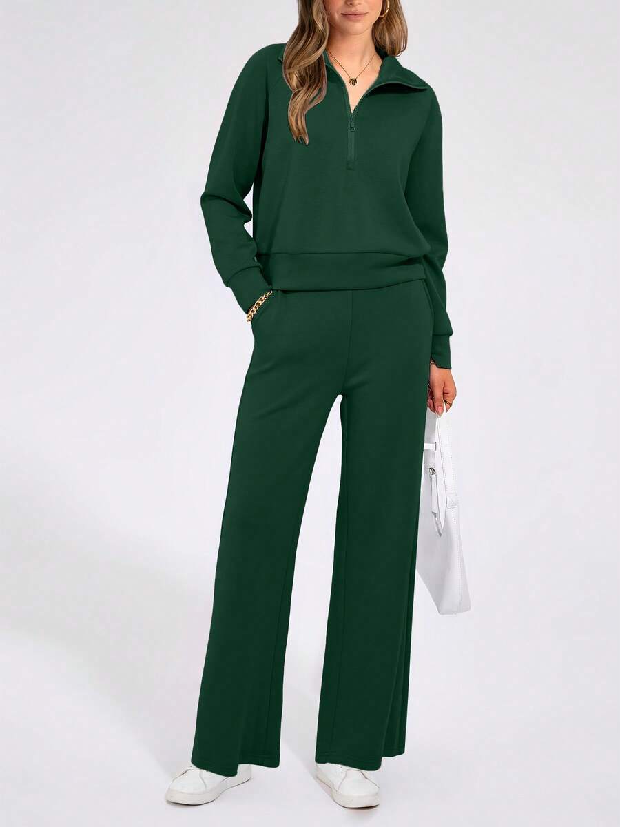 Women's 2 Piece Outfits Casual Lapel Half Zip Sweatshirts And Wide Leg Pants Tracksuit Sets - Dark Green - View 1