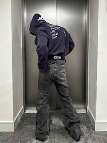 男士复古水洗雪花宽松版型复古街头风美式休闲低腰喇叭牛仔裤，弹力修身喇叭裤，2025春季新款，适合送给丈夫或男友 - 深灰色 - 查看 6