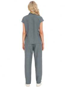 2pcs Women's Collared Multi-Pocket Top And Pants Scrubs Uniform Set, Nurse Scrubs Workwear For Dentist, Healthcare, Laboratory Spring Fall - Grey - View 5