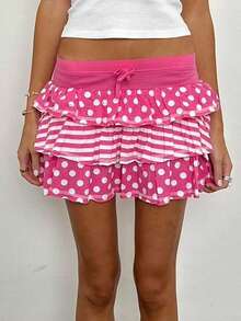 Women's Summer Mini Skirts Pink Dot Print Tiered Skirt For Daily, Travel, Parties - Hồng - Xem 3