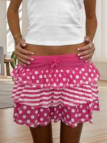 Women's Summer Mini Skirts Pink Dot Print Tiered Skirt For Daily, Travel, Parties - Hồng - Xem 4