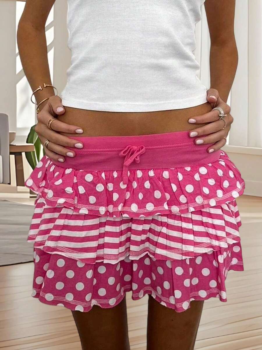 Women's Summer Mini Skirts Pink Dot Print Tiered Skirt For Daily, Travel, Parties - 粉色 - 查看 1