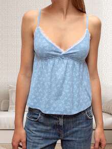Women Camisole, Sleeveless Tops V-Neck Backless Lace Trim Floral Summer Vest For Party Club - 藍色 - 查看 2